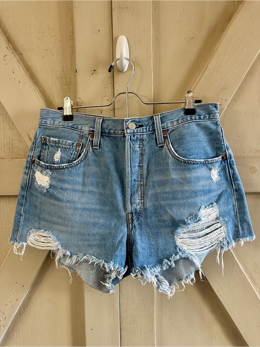 Levi’s 501 Cutoff Denim Shorts W30 Distressed Frayed High Rise Light Wash